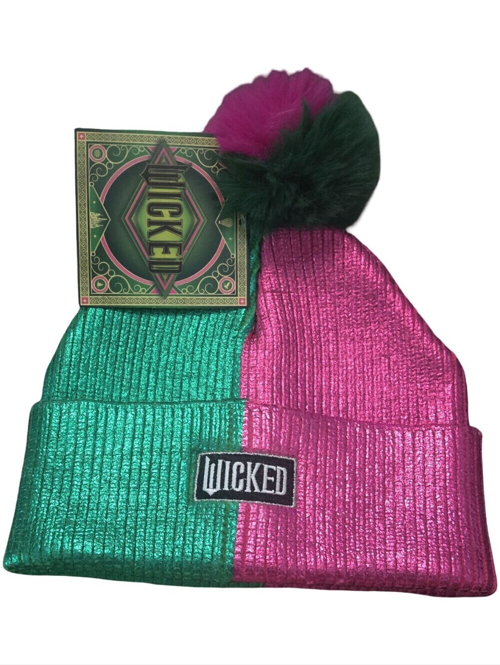 Wicked Metallic Pink & Green Two-Tone Pom Beanie Hat
